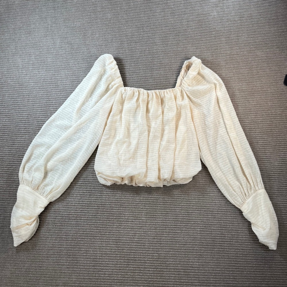 Blu Pepper Cream Textured Stripe Square Neck Balloon Sleeve Crop Top Size Small
